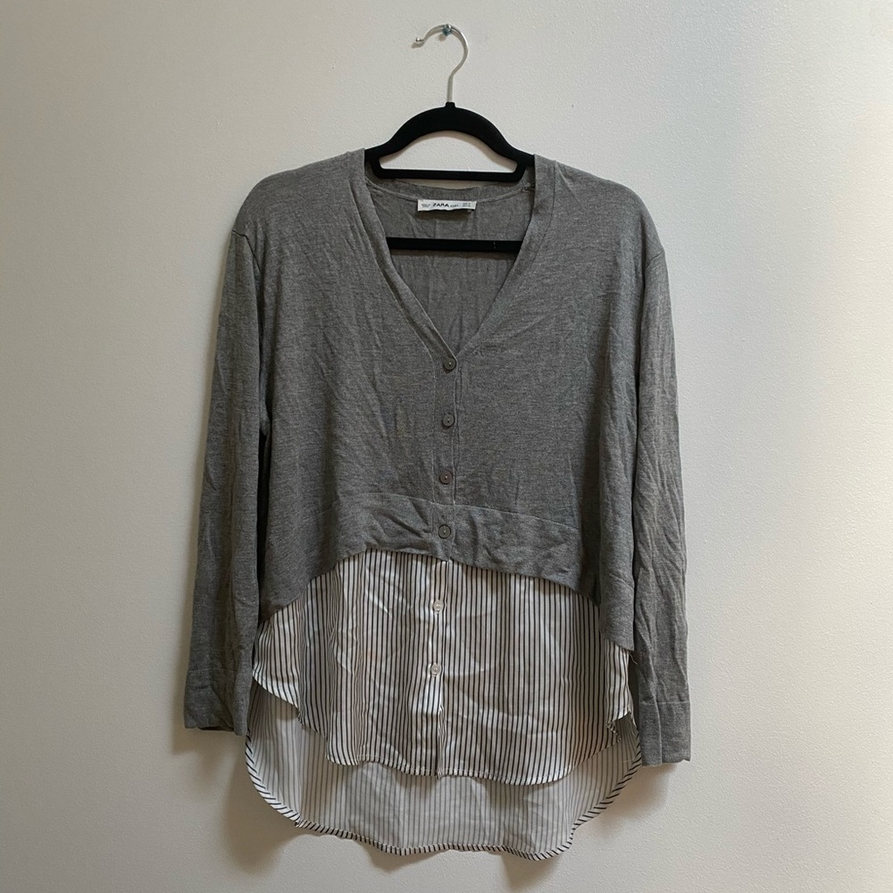 Zara Grey Combination Knit Satin Blouse S